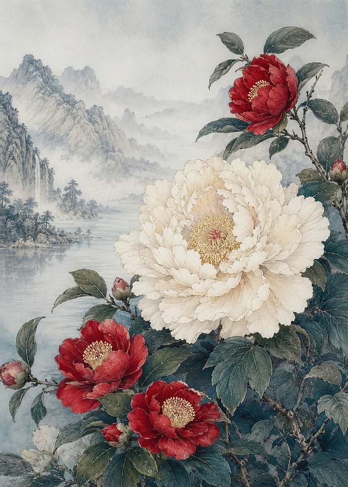 Peonies and Mountain Landscape