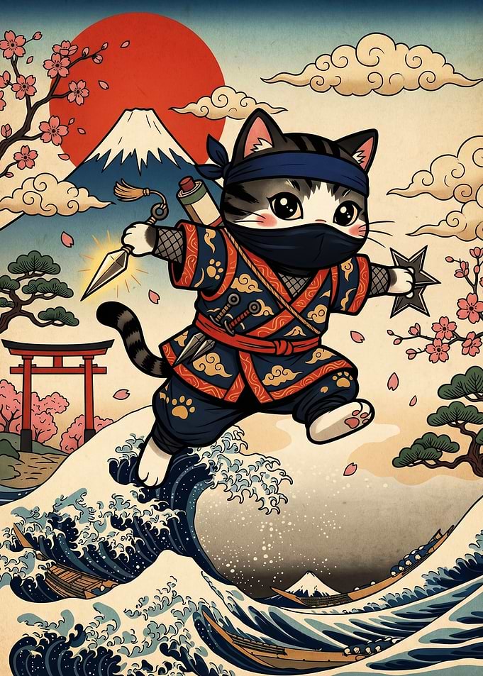 Ninja Cat Jumping Over Waves