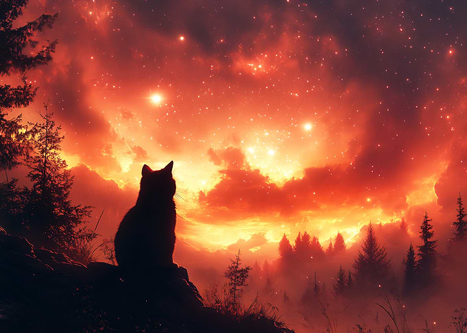 Cat silhouetted against a fiery sky