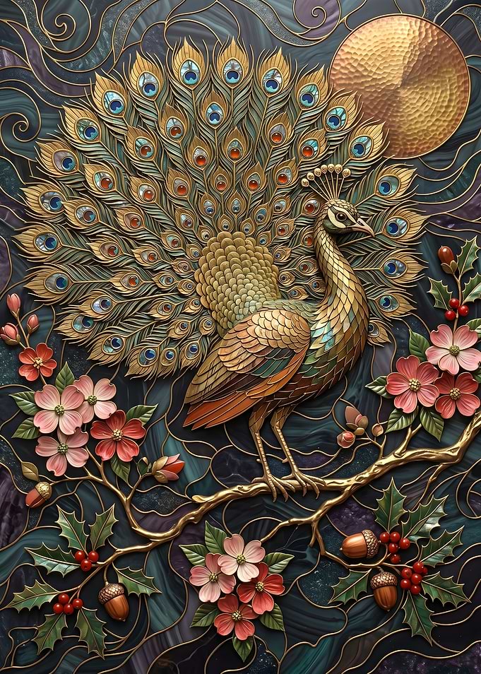 Peacock with Flowers Stained Glass