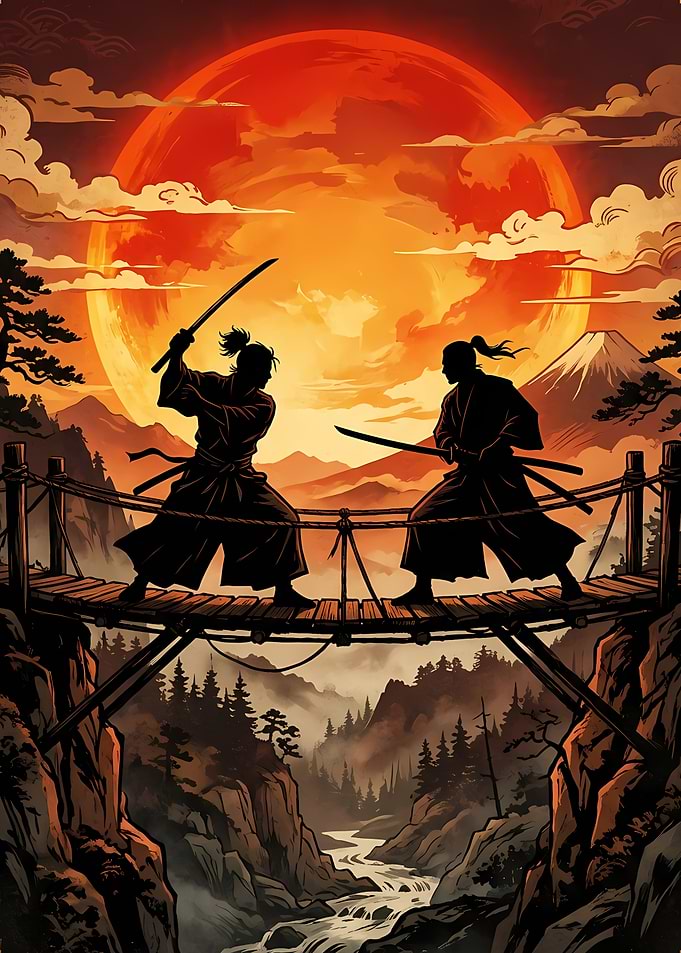 Samurai duel at sunset