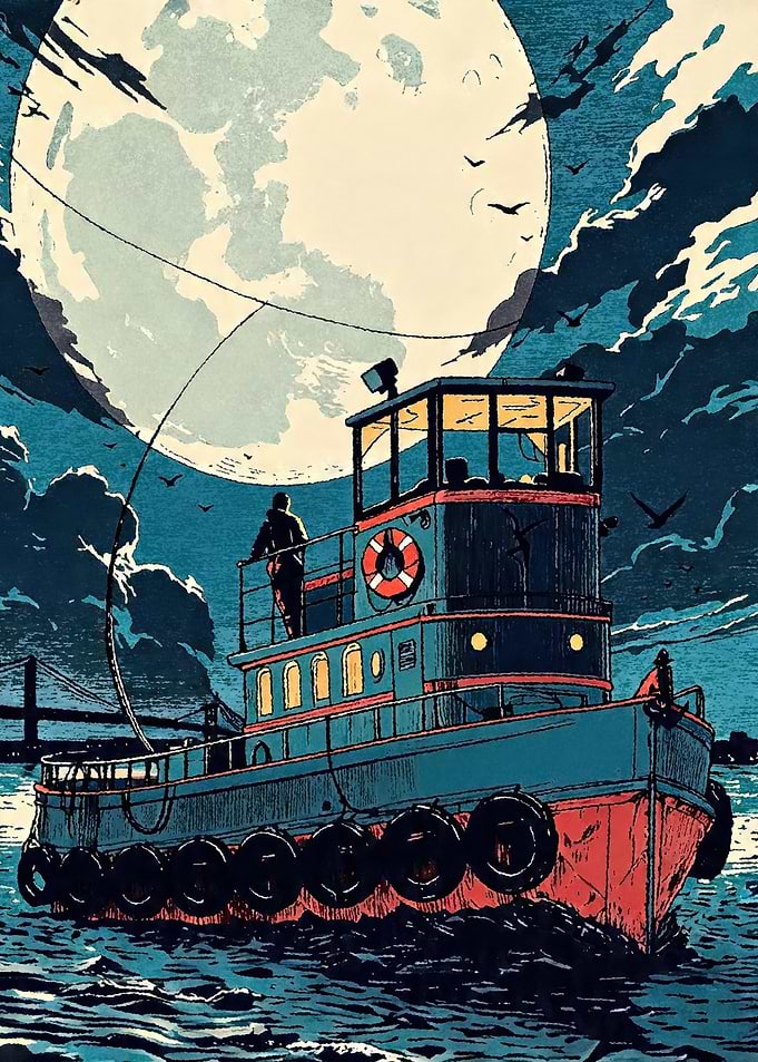 Tugboat under a full moon