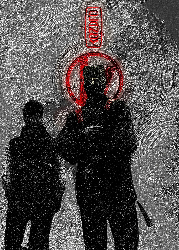 Ninja silhouettes with Japanese symbols