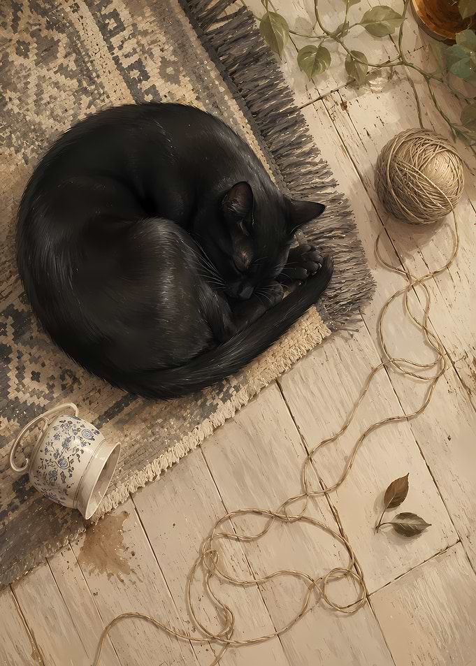 Black cat sleeping on a rug