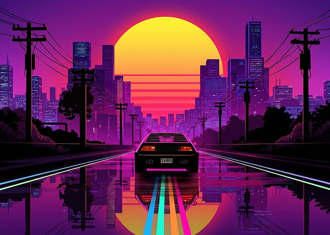 Retro Car Driving Towards Sunset City