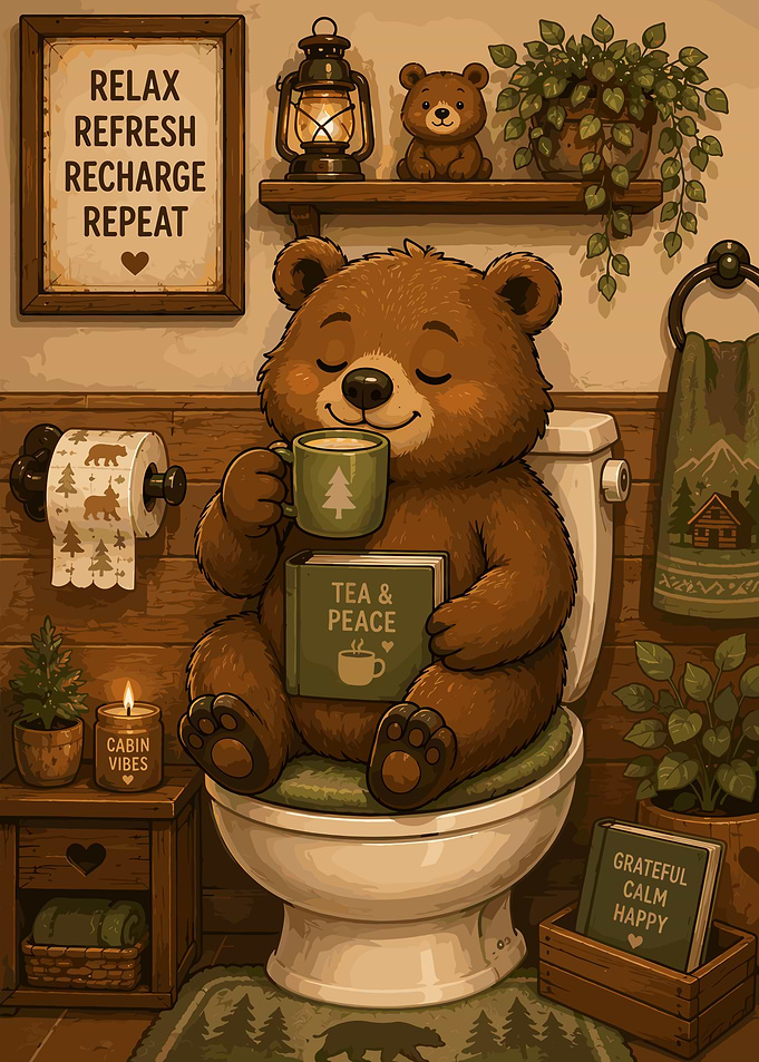 Bear Enjoying Tea in Bathroom