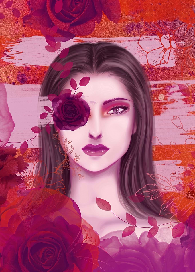 Woman with Roses and Abstract Background