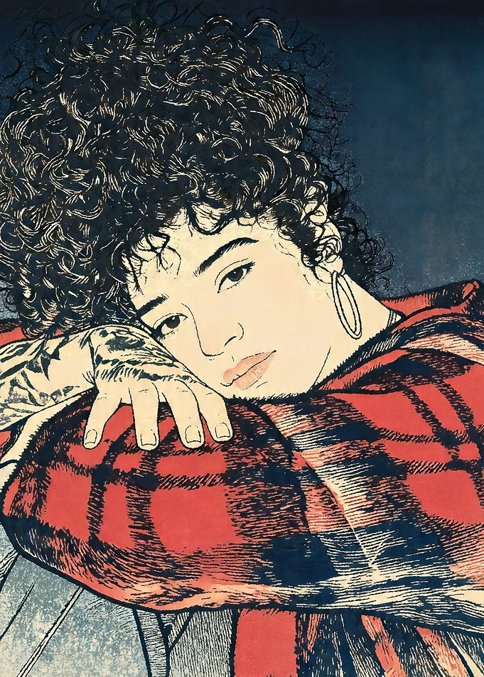 Woman with Curly Hair and Plaid Blanket