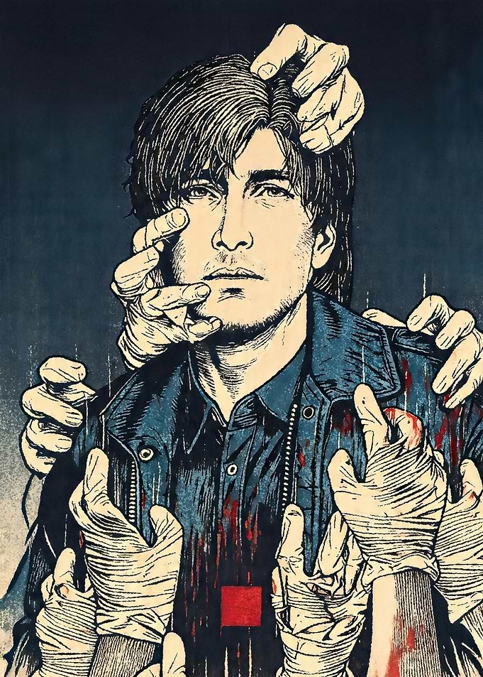 Man surrounded by hands