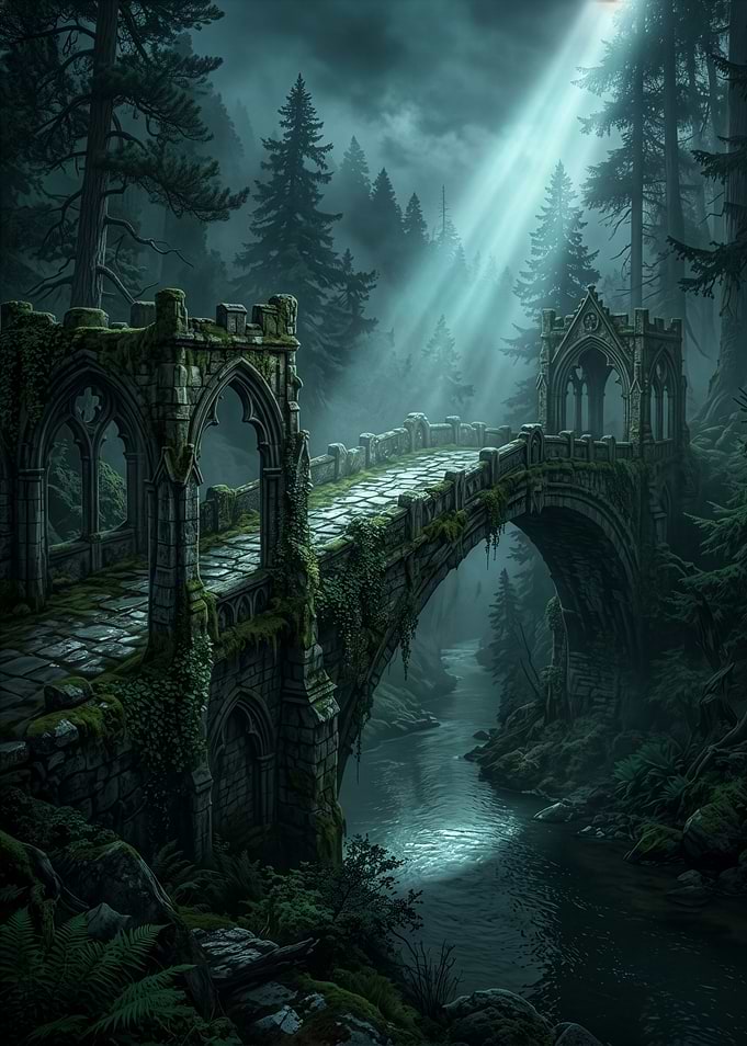 Ancient Gothic Ruins Bridge – Dark Fantasy Forest & Misty River