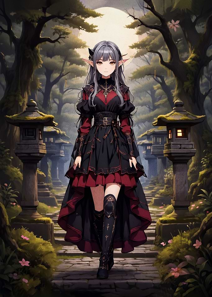 Anime Elf Girl in Gothic Dress