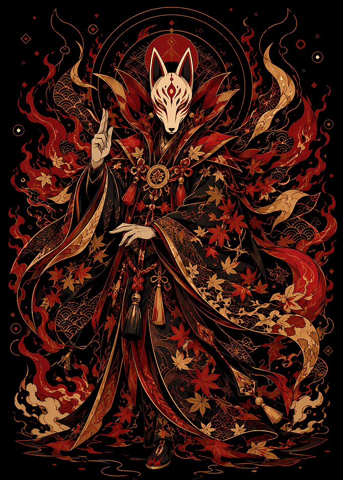 Kitsune Masked Figure with Fiery Robes