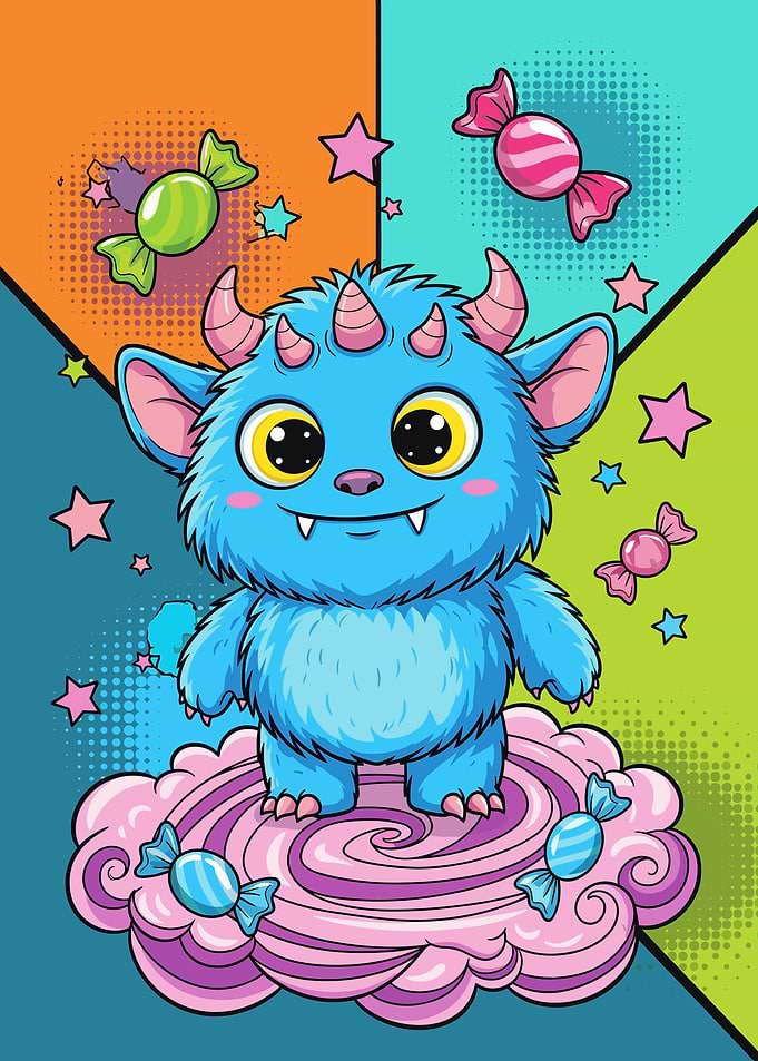 Cute Blue Monster on Candy Cloud