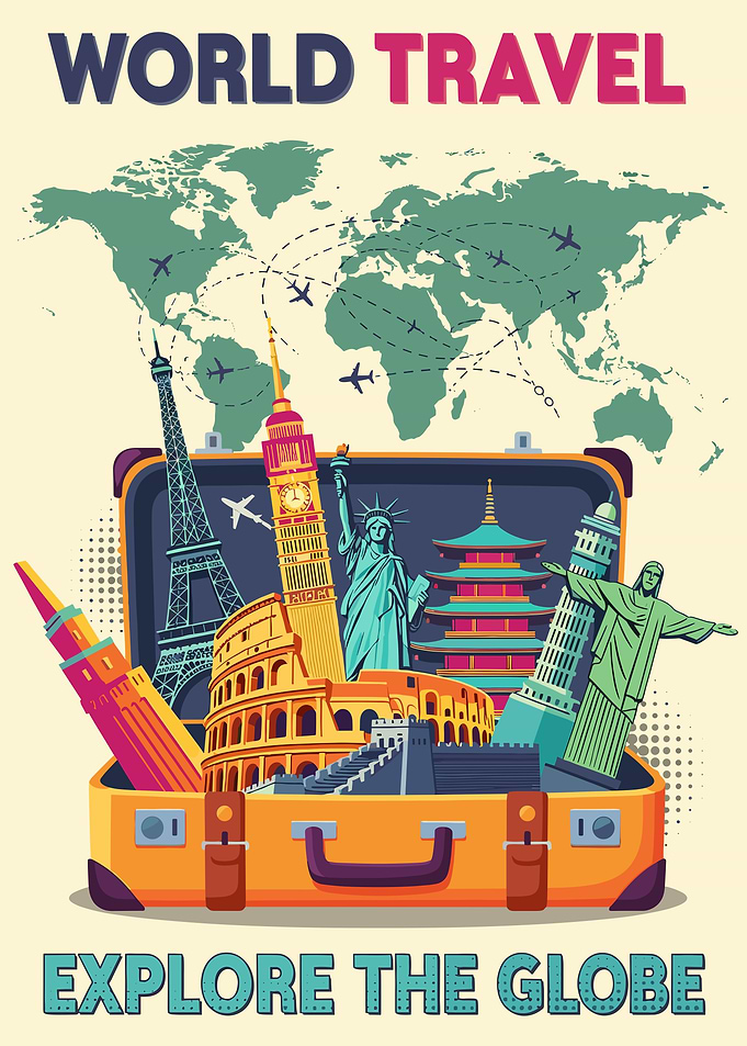 World Travel Suitcase with Landmarks