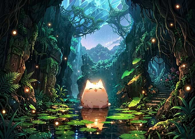 Cute Cat in Enchanted Forest