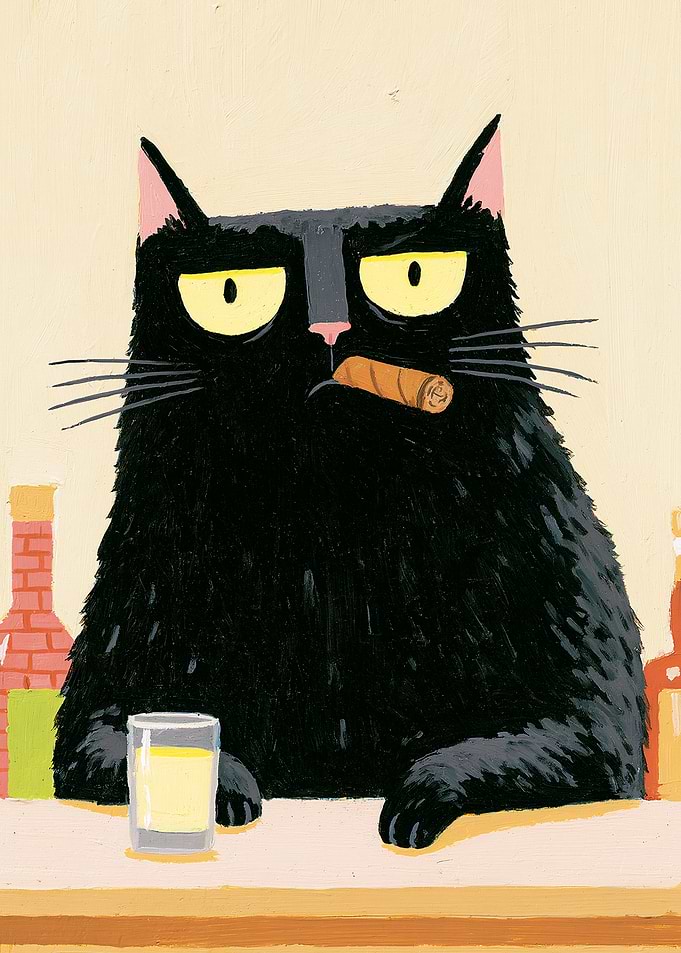 Grumpy Black Cat with Cigar and Drink