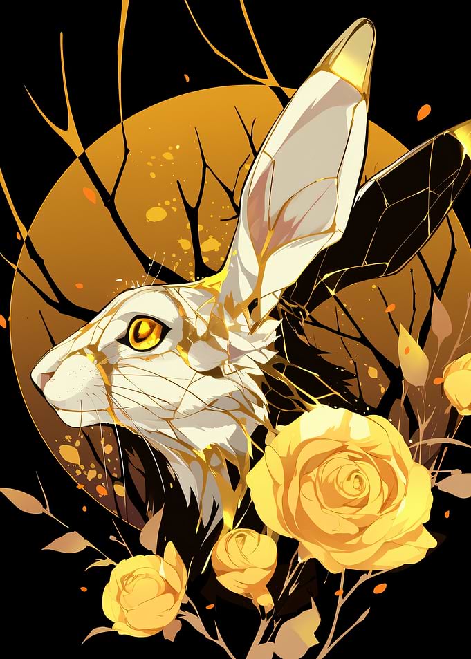 Golden Rabbit with Yellow Roses