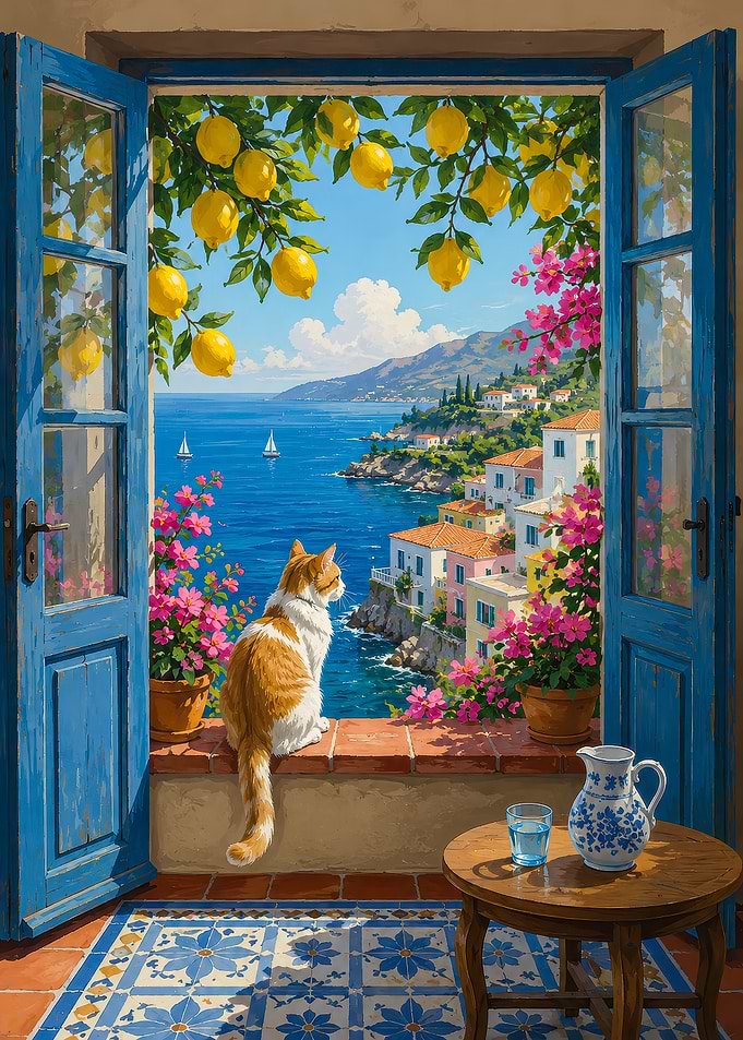 Cat on Balcony Overlooking Italian Coast