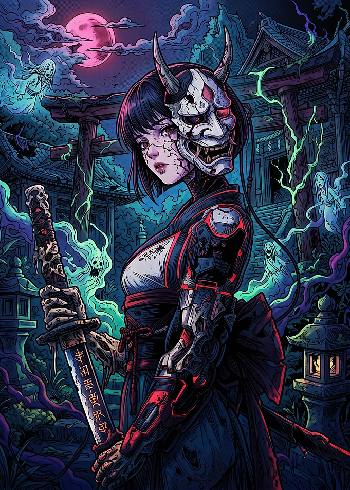 Cyberpunk Oni Warrior with Ghosts
