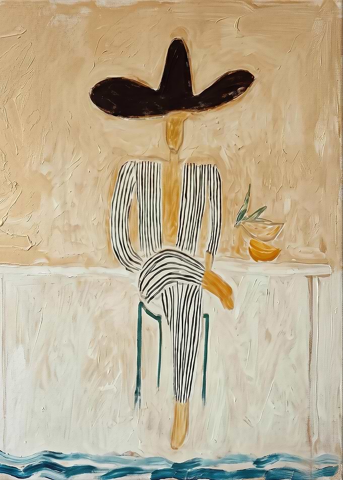 Cowboy Abstract Oil Painting, Man with Drink, Light Brown Wall Art