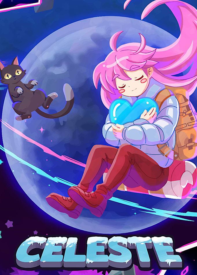 Celeste Game Art with Cat and Moon