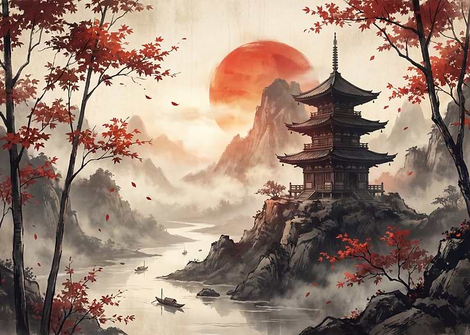 Japanese Pagoda by a River