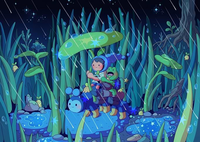 Cute characters in a rainy fantasy forest