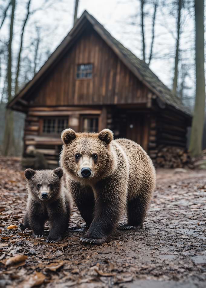 Mother Bear and Cub by Cabin