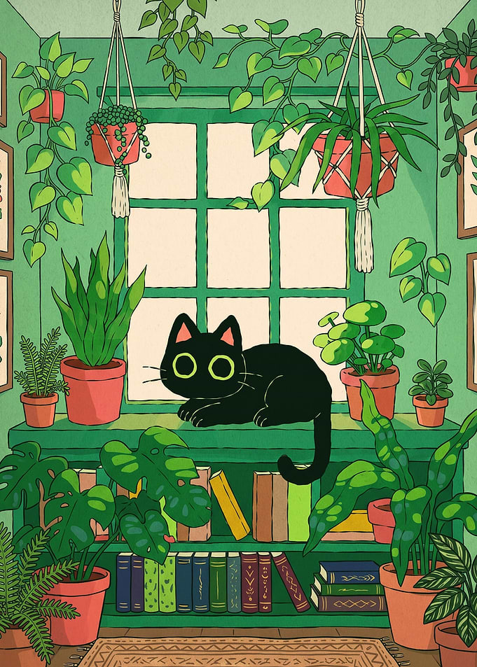Black Cat in a Plant-Filled Room