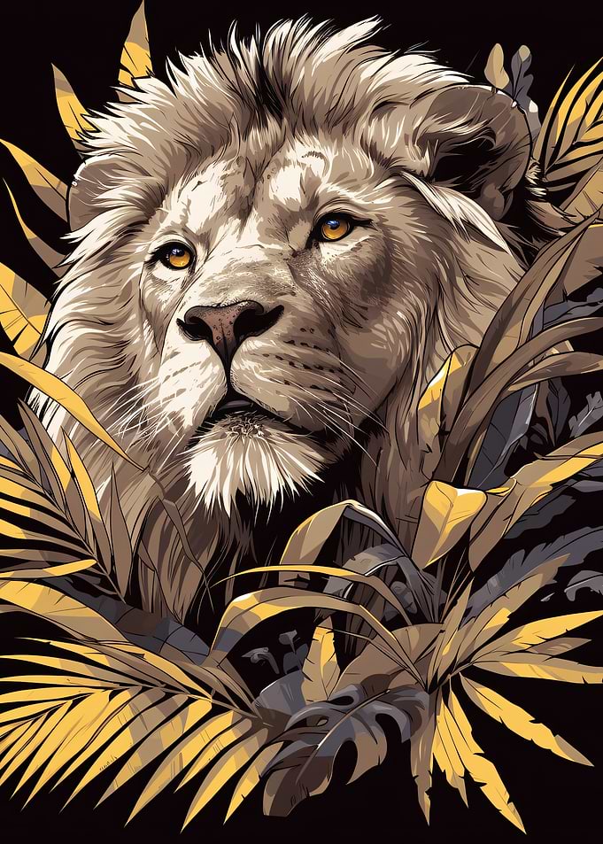 Majestic Lion in Tropical Foliage