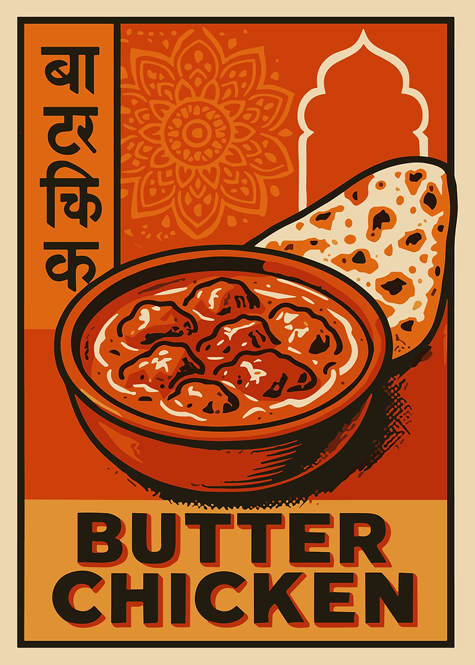Butter Chicken Retro Indian Food Poster Vintage Cuisine Wall Art Naan Design