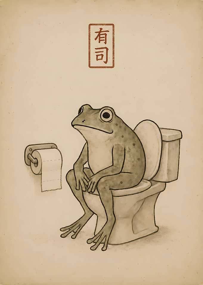 Frog Sitting on Toilet with Japanese Text