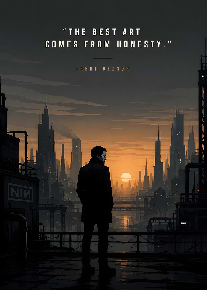 Trent Reznor Quote in Cyberpunk Cityscape