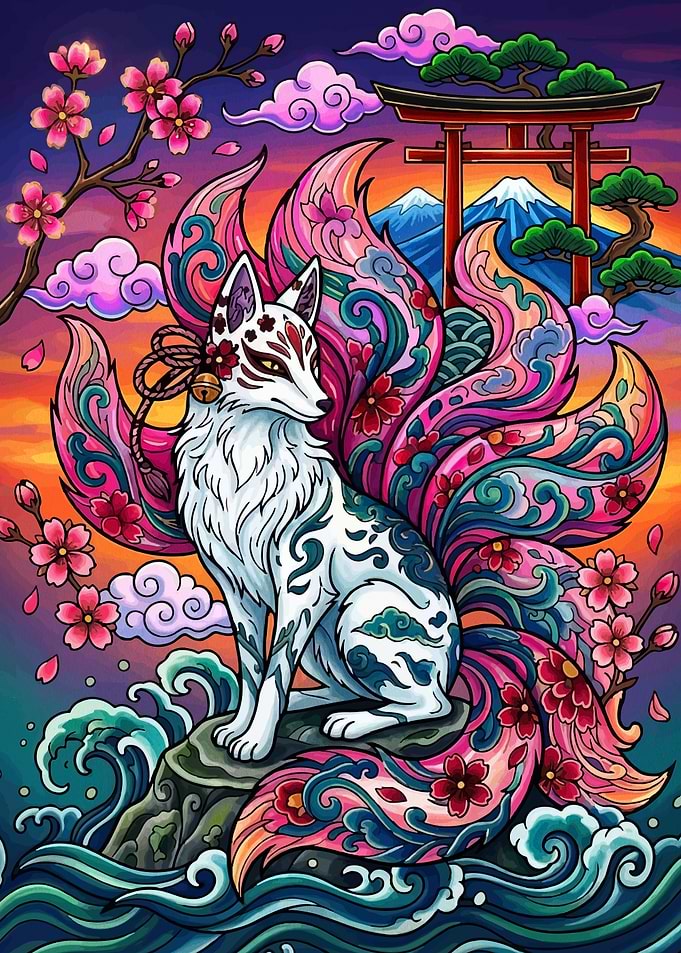 Kitsune Fox with Cherry Blossoms and Mount Fuji