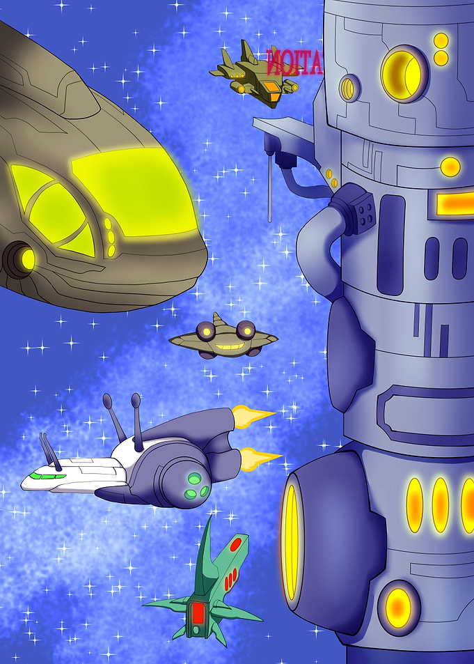 Sci-fi space scene with ships and station