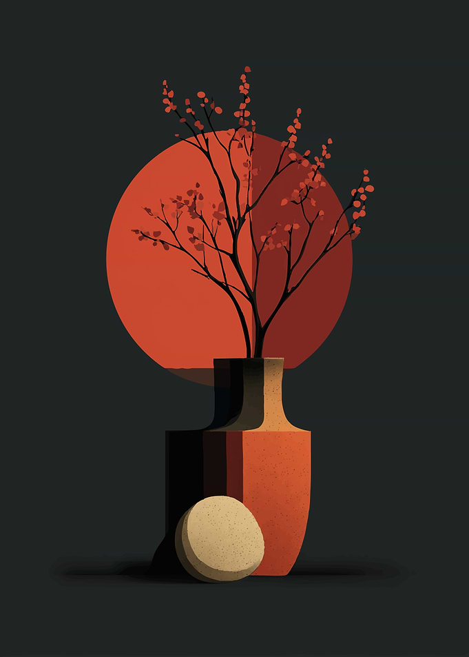 Minimalist Vase with Cherry Blossoms and Sun