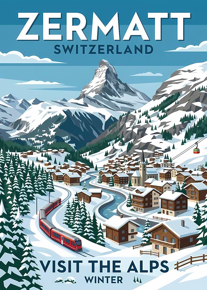 Zermatt Switzerland Winter Travel Poster