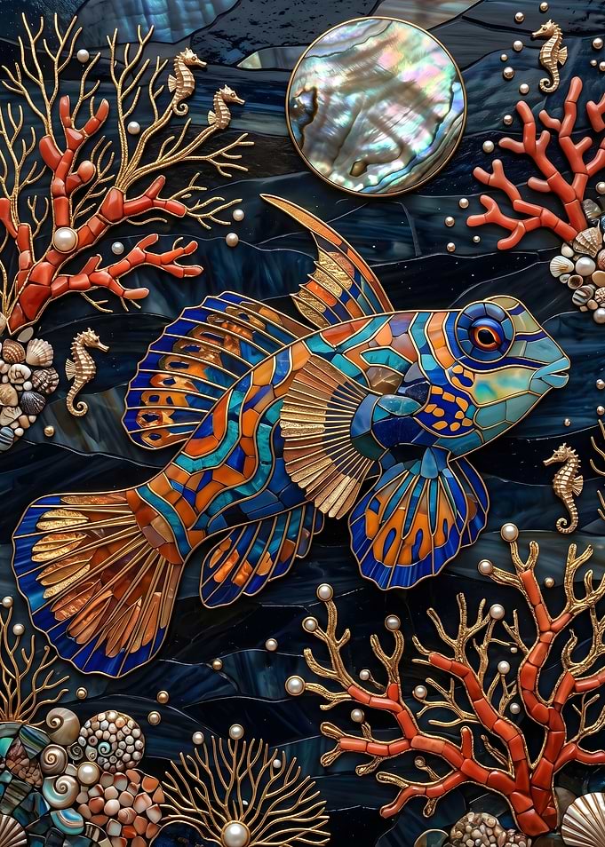 Mosaic Mandarin Fish with Coral and Seahorses