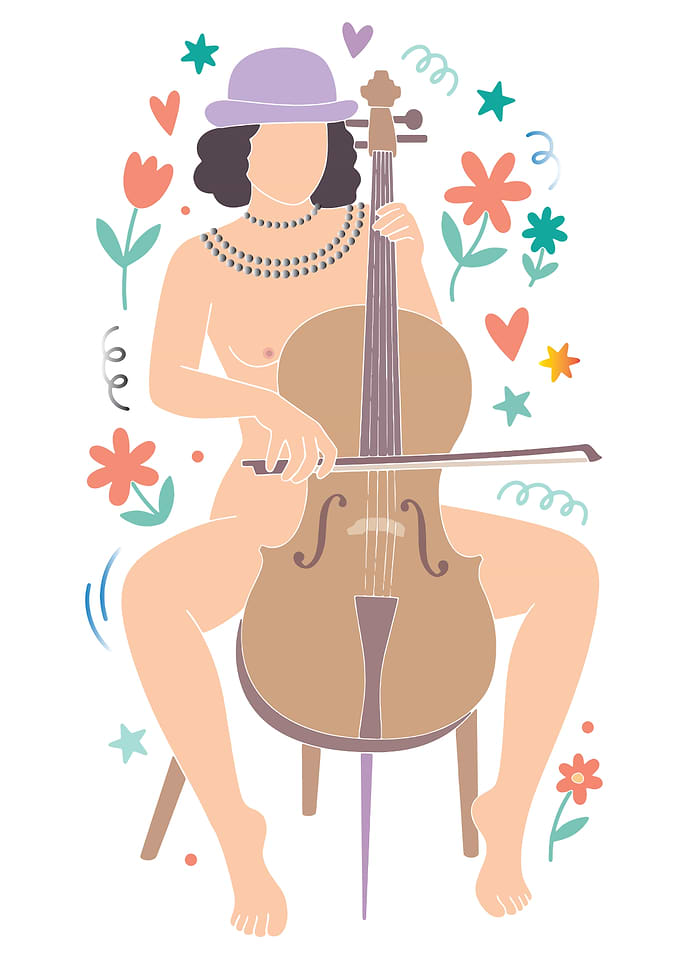 Woman Playing Cello with Flowers