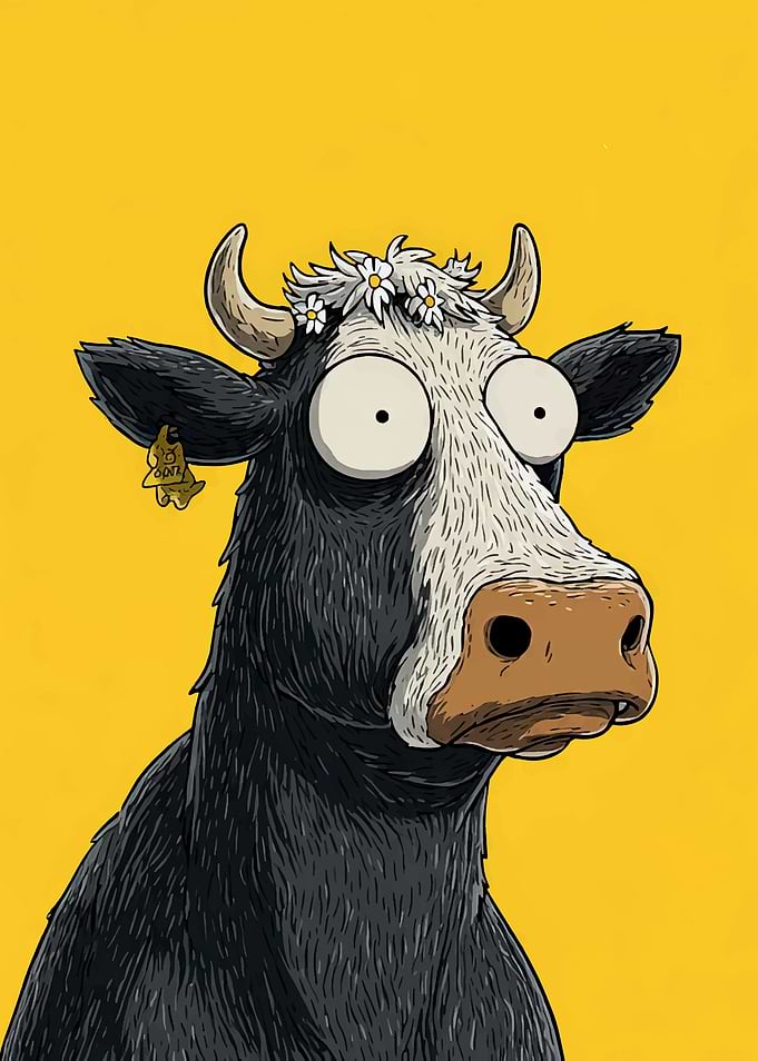 Funny Cartoon Cow with Flowers