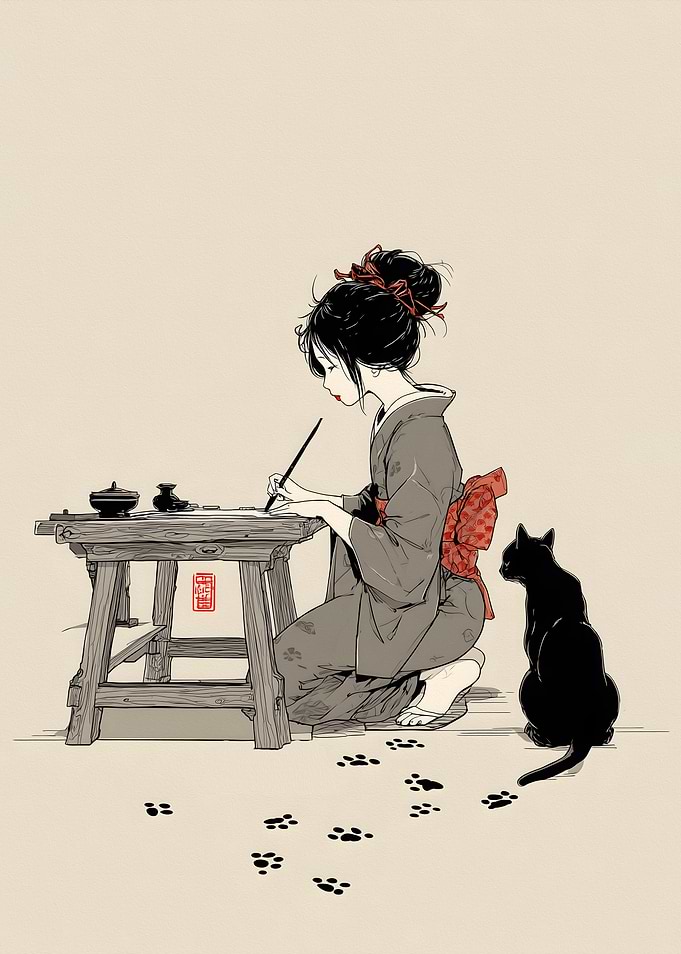 Woman Writing with Cat and Paw Prints