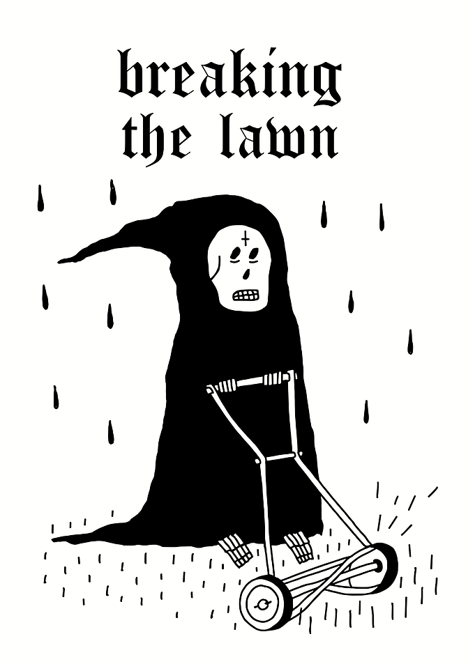 Grim Reaper Mowing Lawn in Rain