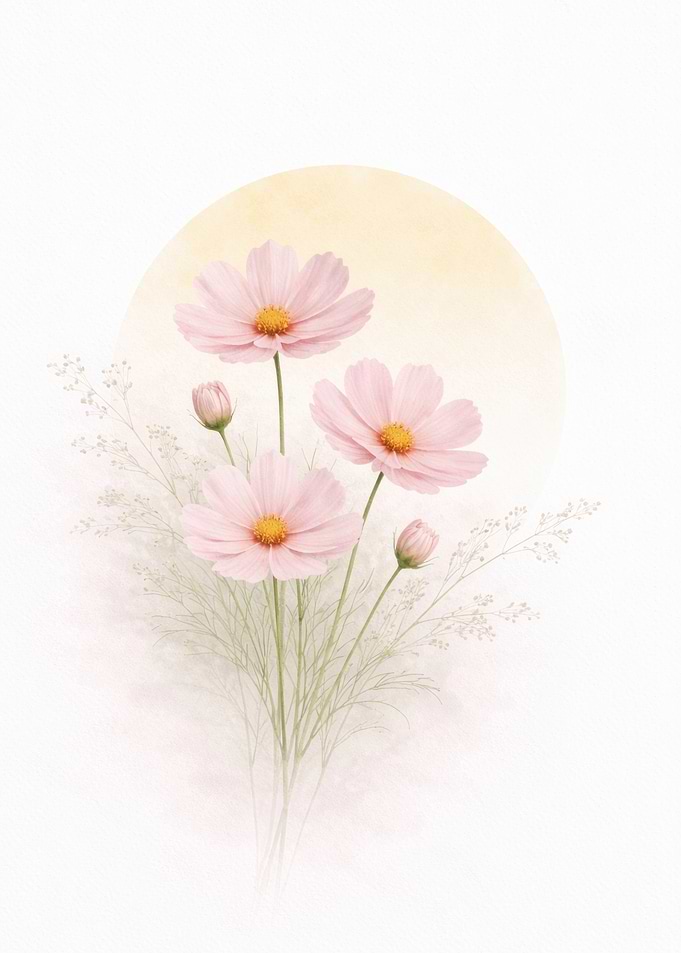 Pink Cosmos Flowers with Yellow Sun – Minimal Botanical Elegance