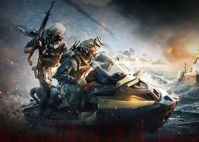 Soldiers on a jet ski in battle