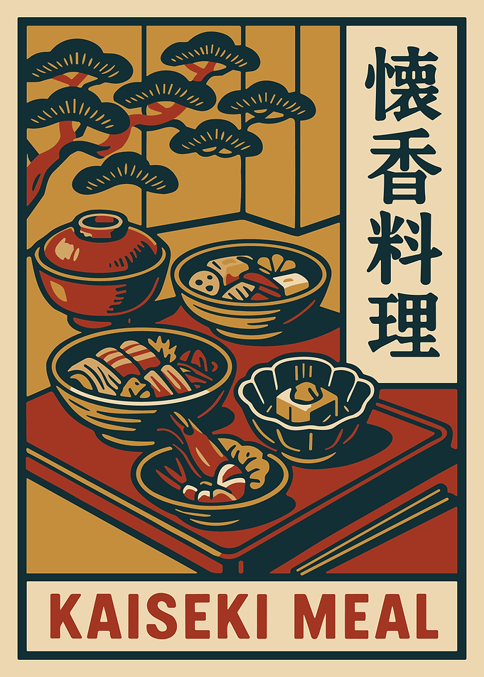 Kaiseki Meal Japanese Fine Dining Illustration Wall Art Poster Traditional Cuisine