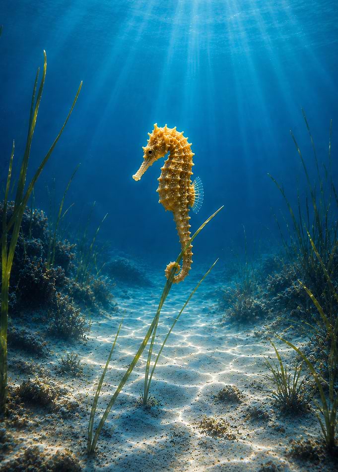 Seahorse in Sunlit Underwater Scene