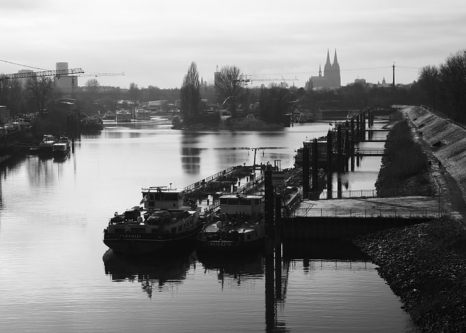 Industrial Canal with Barges and Cathedral in Cologne / Kölner Dom