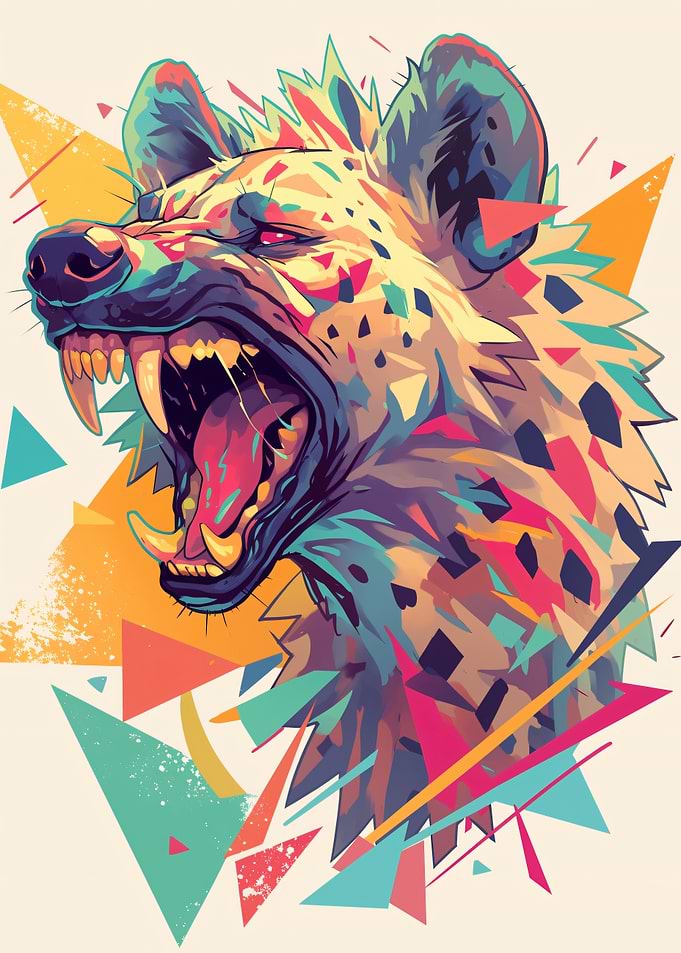 Colorful Hyena Roaring with Geometric Shapes