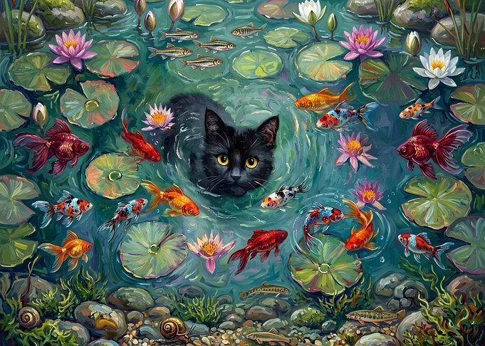 Black Cat in a Koi Pond
