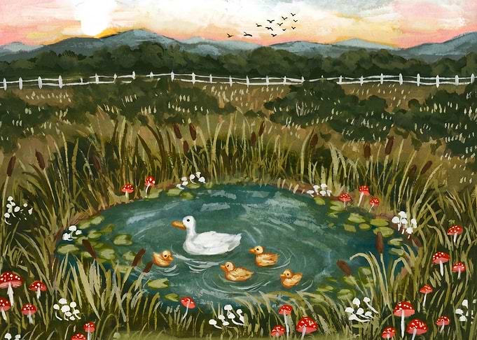 Mother Duck and Ducklings in a Pond